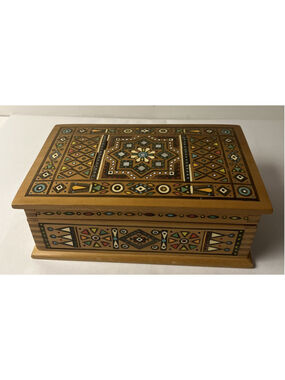 Vintage Polish Wooden Keepsake Box Inlay Star Geometric Trinket Box Folk Art
